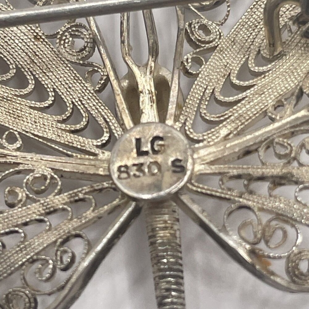 Antique? Art Nouveau 830 Silver Butterfly Brooch Pin Filigree Signed LG AL5.6 - Picture 6 of 8